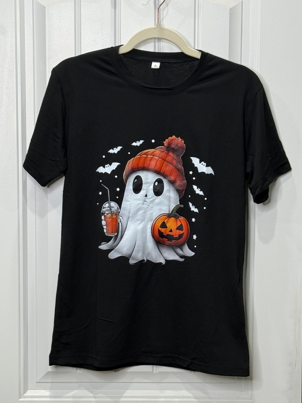 Boutique Ghost Pumpkin Iced Coffee Women’s Size S Halloween Tee Black NWOT